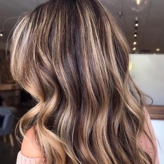 Photo of the back of a woman’s head showing blonde hair with brown lowlights, created using Wella Professionals