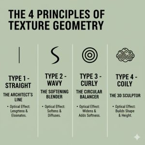 Concept: A clean, modern infographic titled, "The 4 Principles of Texture Geometry," detailing the optical effects of straight, wavy, curly, and coily hair types with corresponding icons.
