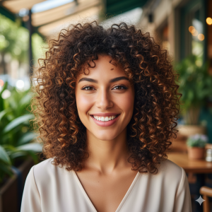 Concept: A "soft focus" or "golden hour" editorial-style photo of a model with a defined square face and a Type 2C/3A wavy/curly "lob," with waves gently diffusing the jawline.