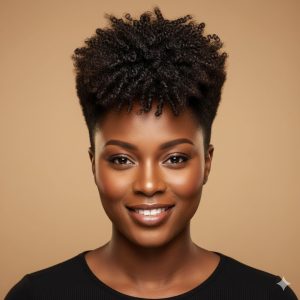 Concept: An empowering, photorealistic portrait of a confident model with a round face and Type 4B/4C coily hair styled with structured volume and height at the crown to optically elongate her face.