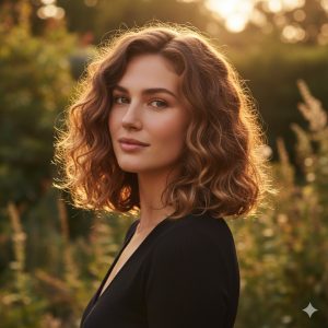 A cheerful, bright, photorealistic photo of a model with a heart-shaped face and Type 3B/3C curly hair in a "bottom-heavy" style, adding visual weight to the narrower chin